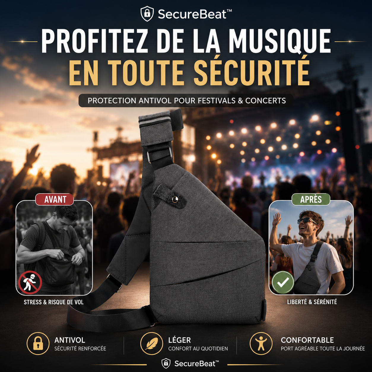 SecureBeat™ Sac Bandoulière Antivol Protection Antivol Intelligente Profitez de Chaque Festival en Toute Sérénité