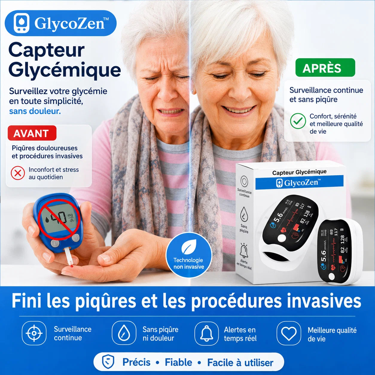 GlycoZen™ Capteur Glycémique | Contrôlez votre glycémie en 5 secondes, sans piqûres, sans douleur !