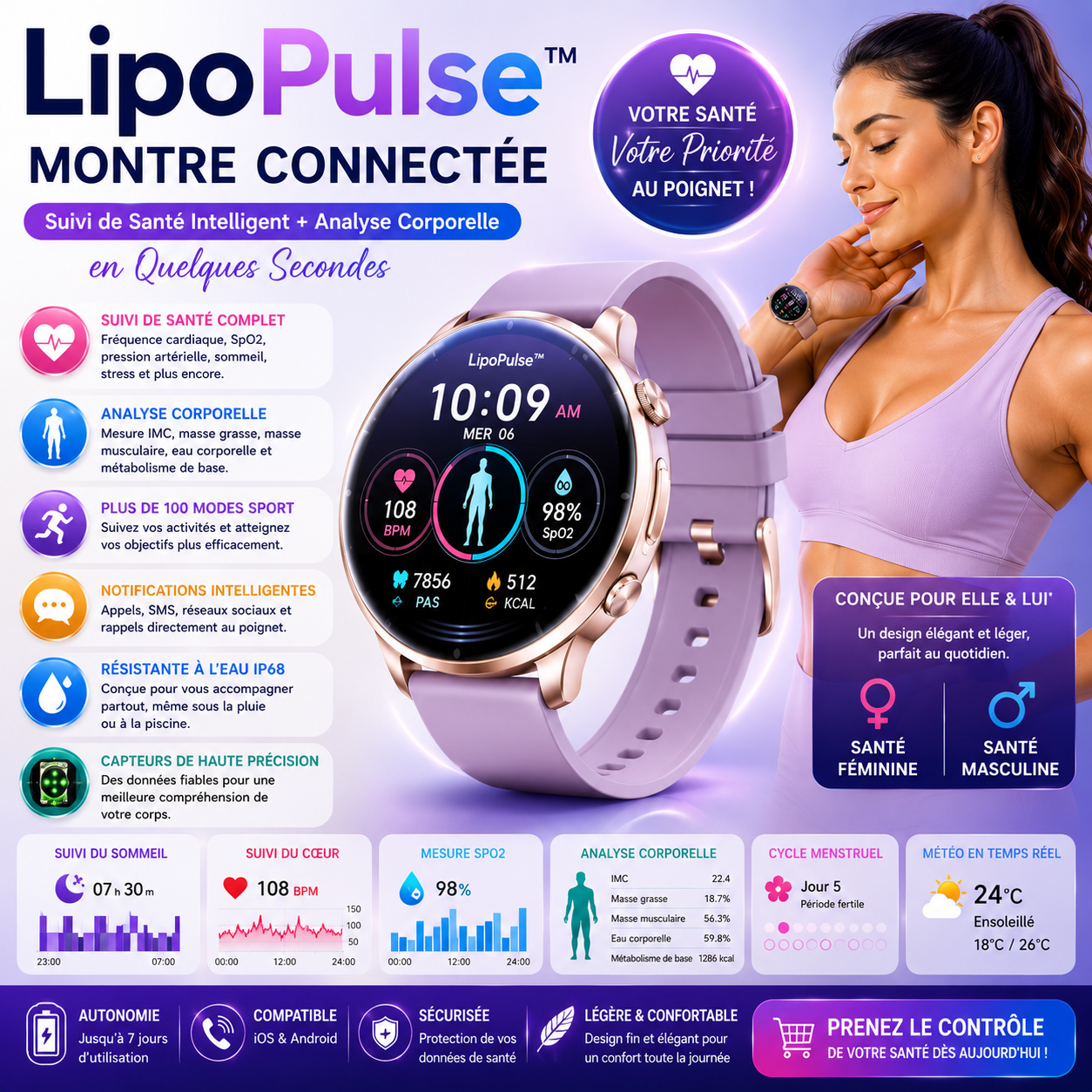 LipoPulse™ Montre Connectée | Suivi de Santé Intelligent + Analyse Corporelle en Quelques Secondes