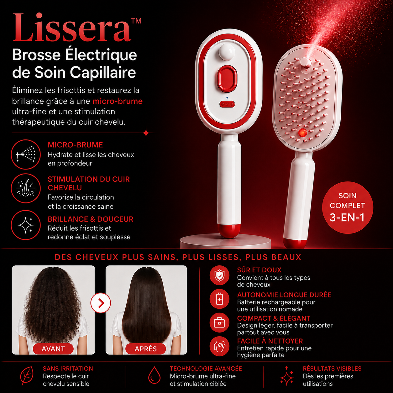 Lisséra™ Brosse Lissante Chauffage Ultra-Rapide Des Cheveux Lisses et Soyeux en Seulement 5 Minutes