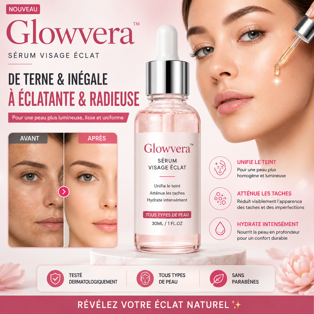 Glowvera™ Sérum Visage Technologie Fusion Escargot-Collagène Effet Peau de Verre en seulement 36 heures