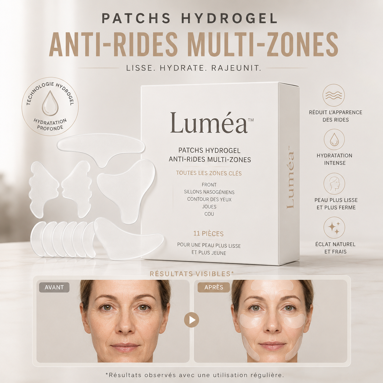 Luméa™ Glow Patches  Technologie Hydrogel Lissante Anti-Rides Une Peau d’Apparence Plus Jeune Dès le Réveil