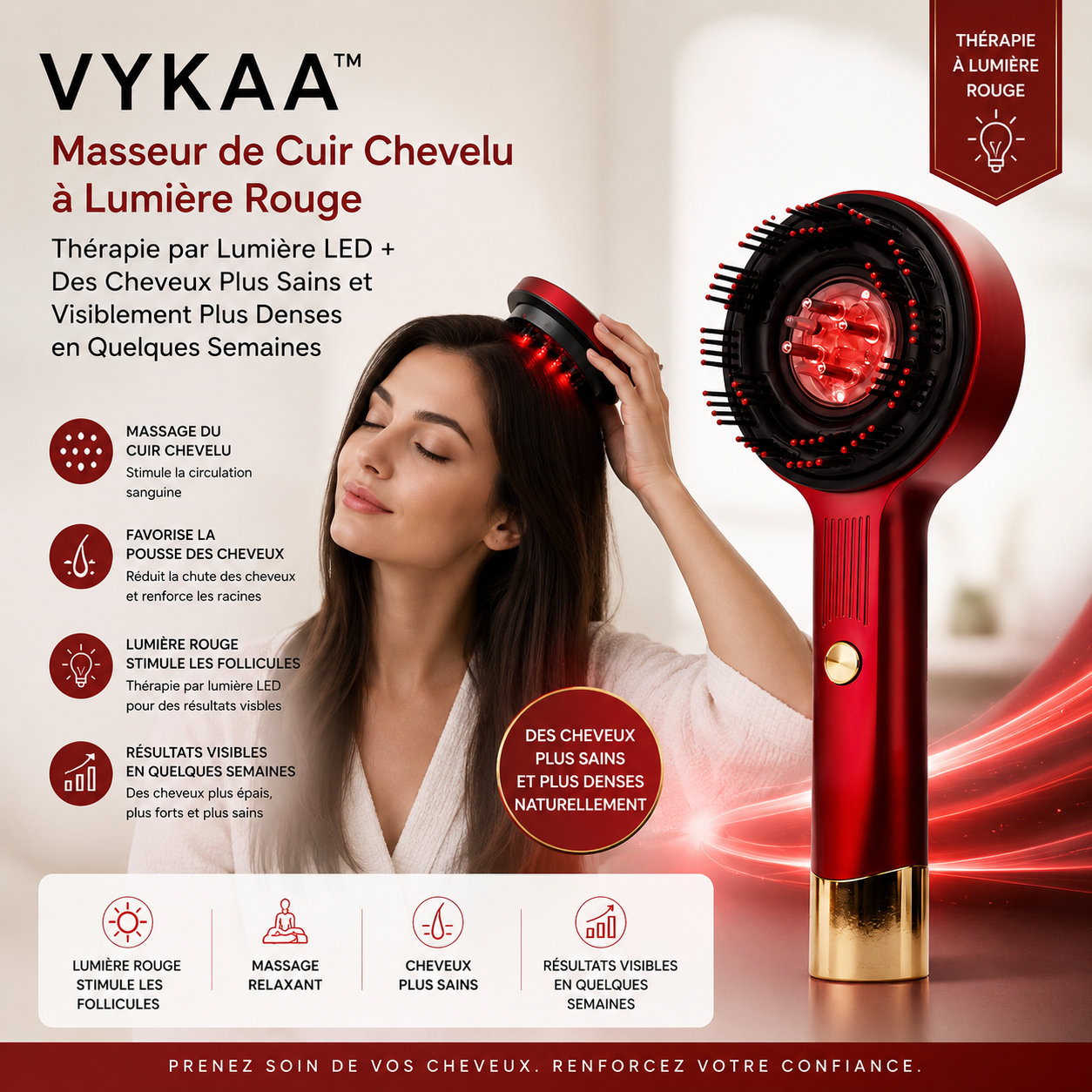 VYKAA™ Masseur de Cuir Chevelu à Lumière Rouge | Thérapie par Lumière LED + Des Cheveux Plus Sains et Visiblement Plus Denses en Quelques Semaines