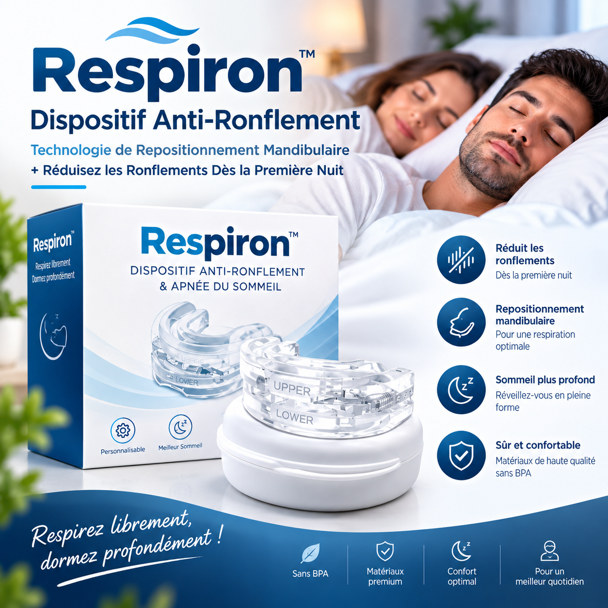 Respiron™ Dispositif Anti-Ronflement | Technologie de Repositionnement Mandibulaire + Réduisez les Ronflements Dès la Première Nuit