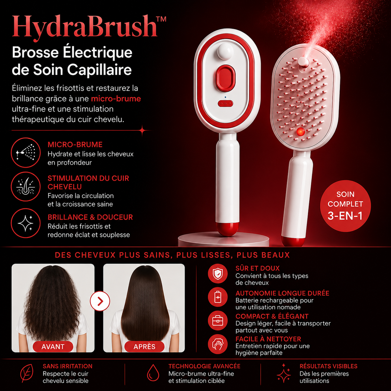 HydraBrush™ Brosse Électrique Soin des Cheveux | Réduisez les frisottis et révélez l’éclat naturel des cheveux grâce à une fine brume hydratante et un massage doux du cuir chevelu.
